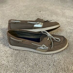 Sperry Taupe Leather Moc Toe Boat Shoes with Metallic Silver Trim